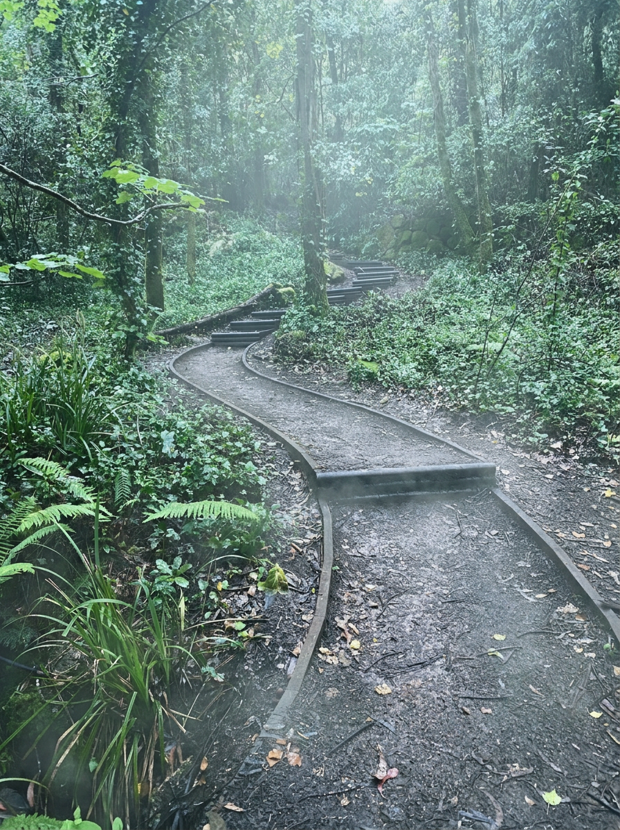 Misty fern-lined path through the Sintra forest